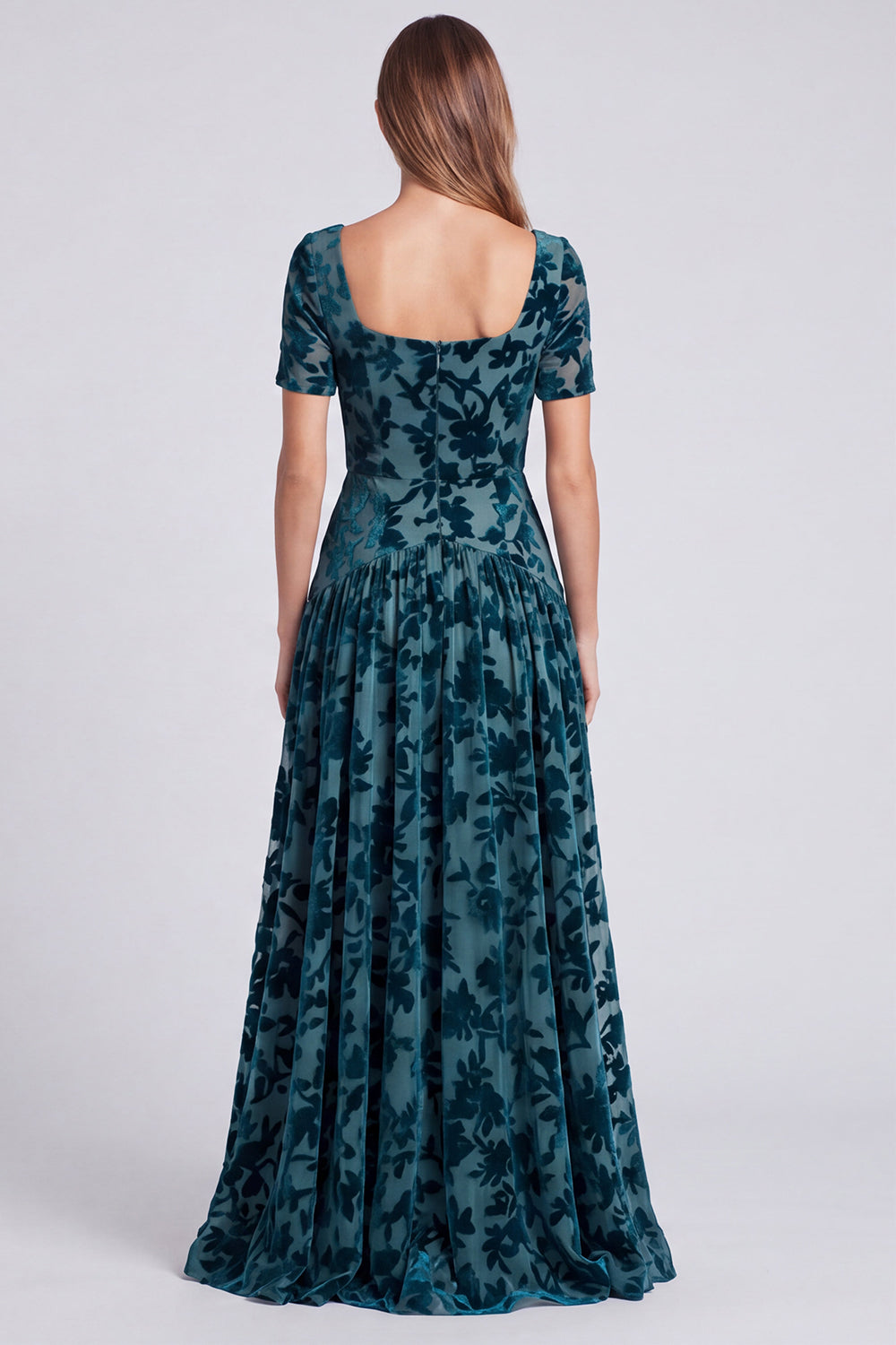 Peacock Blue Square Neck A-Line Velvet Floral Long Formal Dress with Short Sleeves