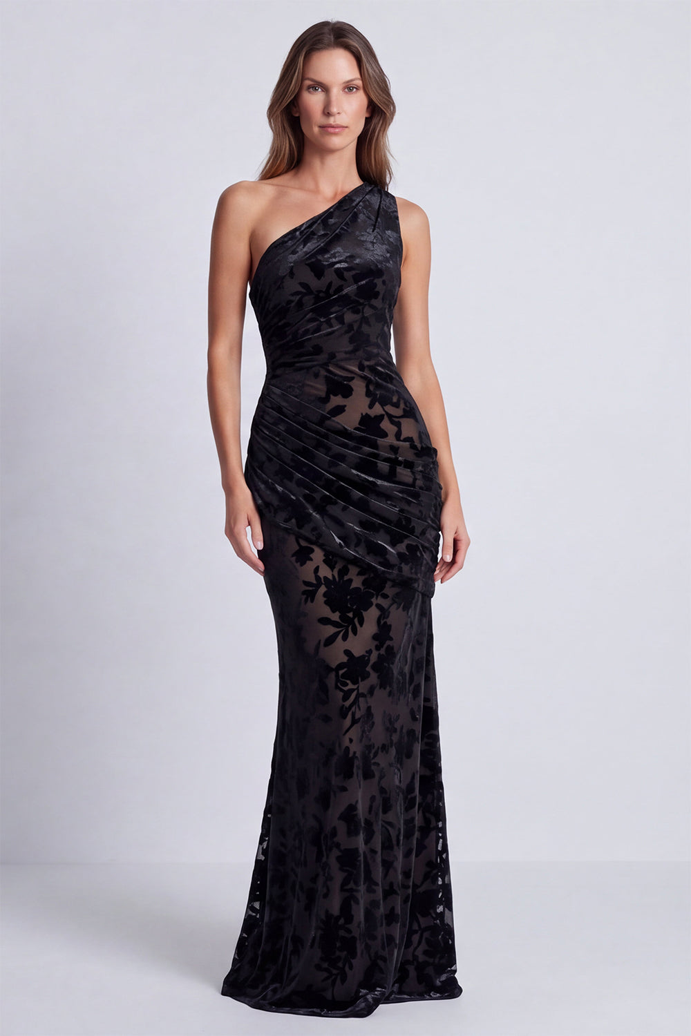 Olive Velvet One Shoulder Floral Ruched Mermaid Long Formal Dress