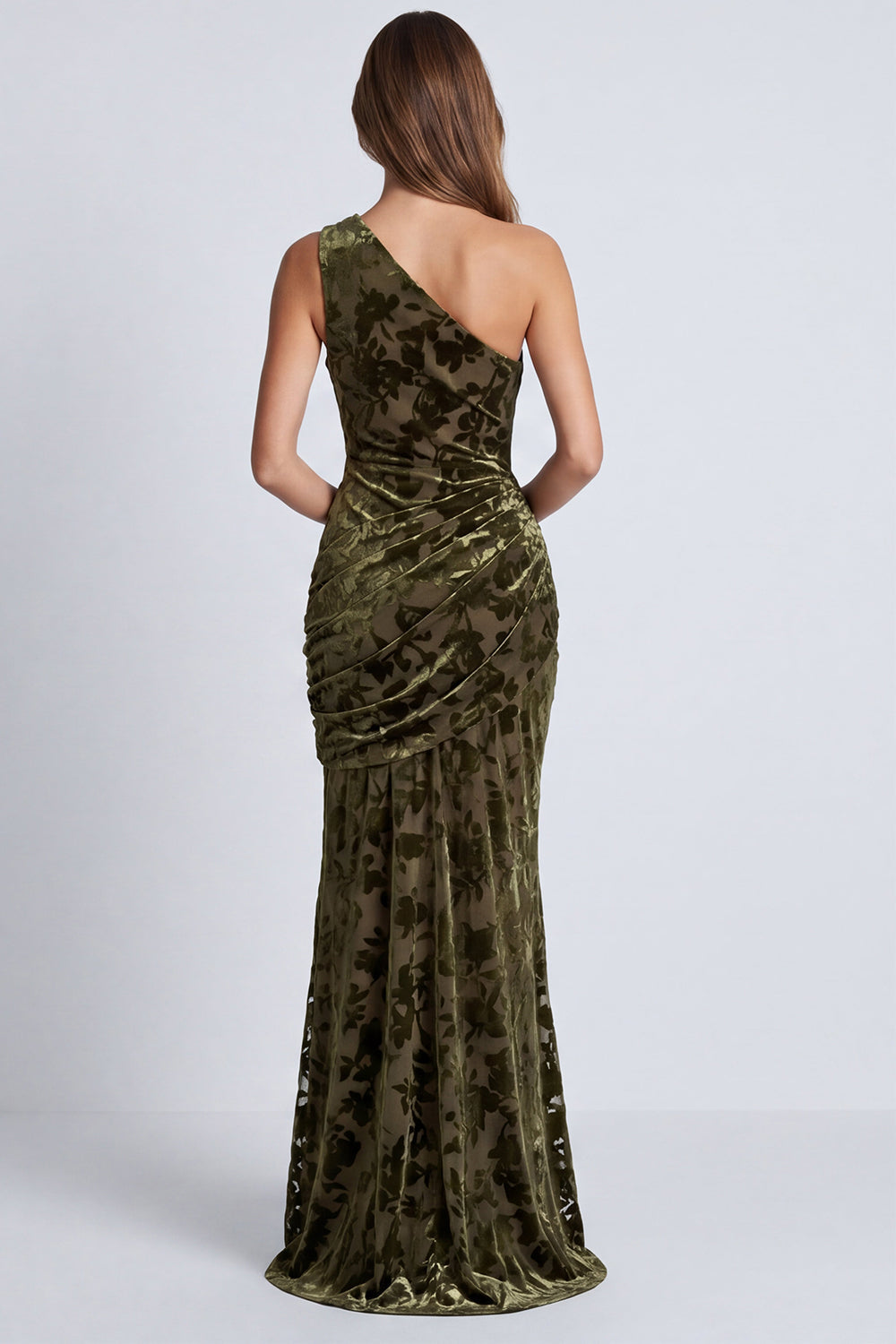 Olive Velvet One Shoulder Floral Ruched Mermaid Long Formal Dress