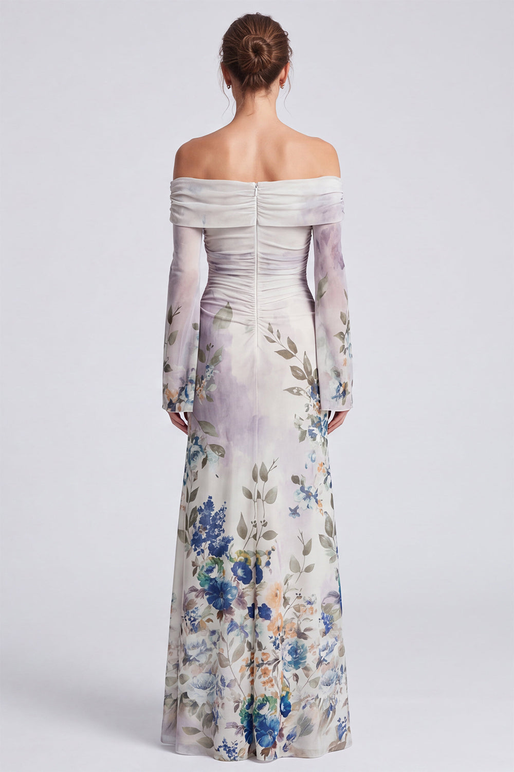 Ivory Off the Shoulder Mermaid Floral Long Formal Dress with Long Sleeves