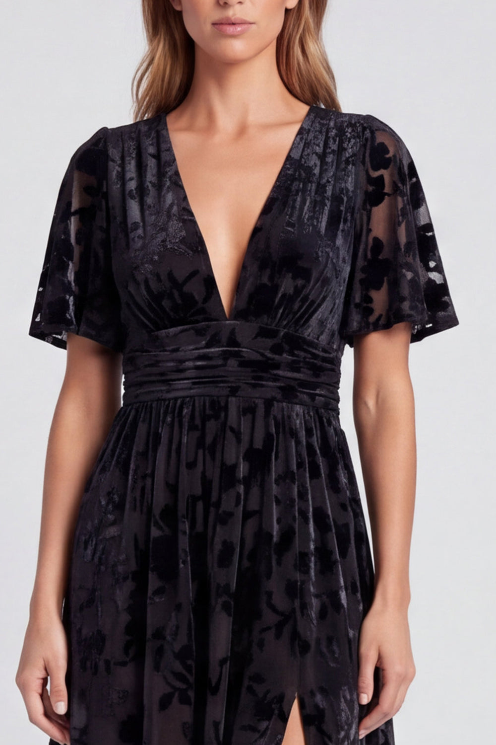 Olive A-Line Floral V-Neck Mother Of the Bride Dress with Slit
