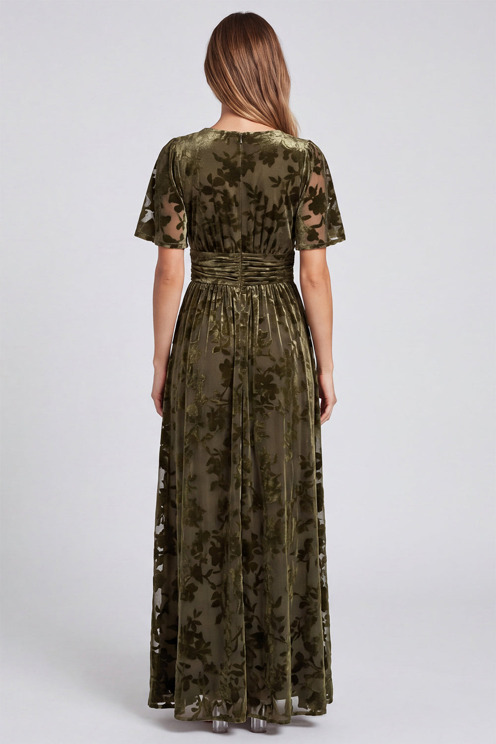 Olive A-Line Floral V-Neck Mother Of the Bride Dress with Slit