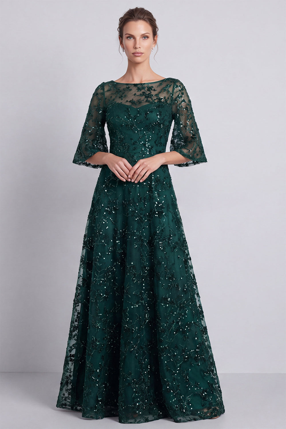 Dark Green A-Line Bateau Neck Sequins Long Mother of the Bride Dress