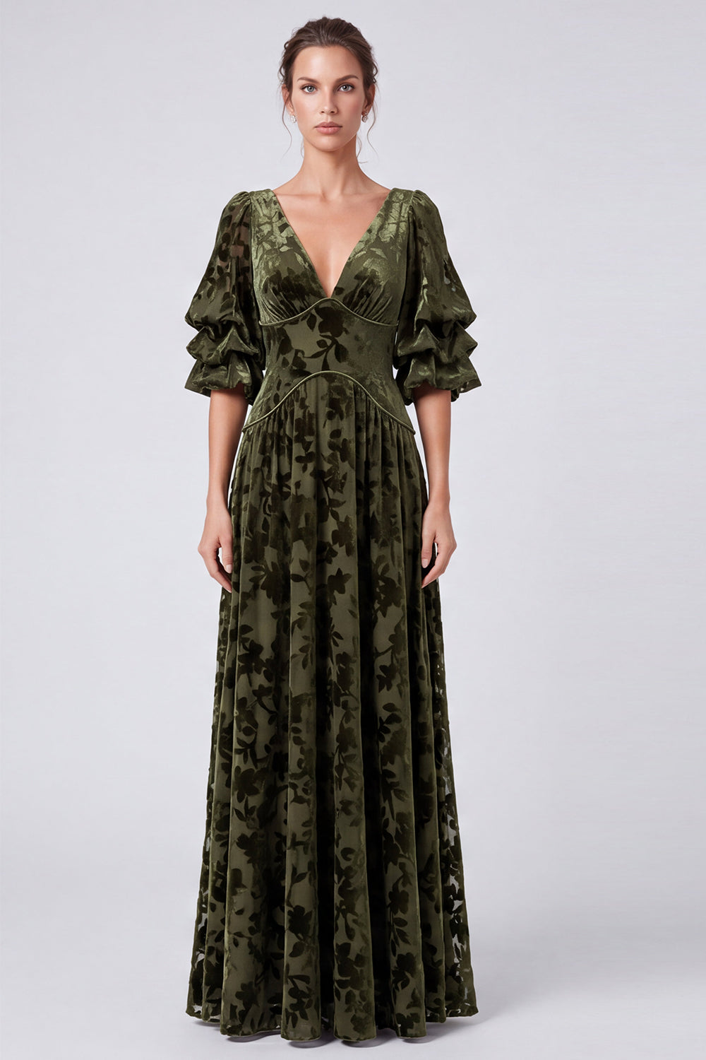 Olive V-Neck Velvet A-Line Floral Long Formal Dress with Half Sleeves