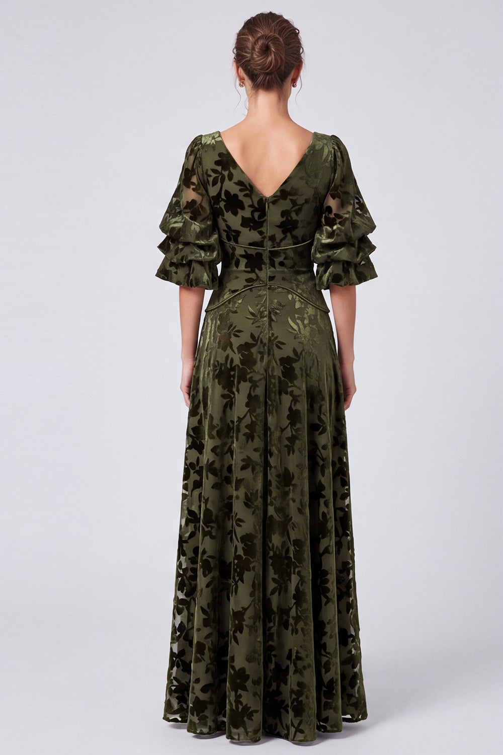 Olive V-Neck Velvet A-Line Floral Long Formal Dress with Half Sleeves