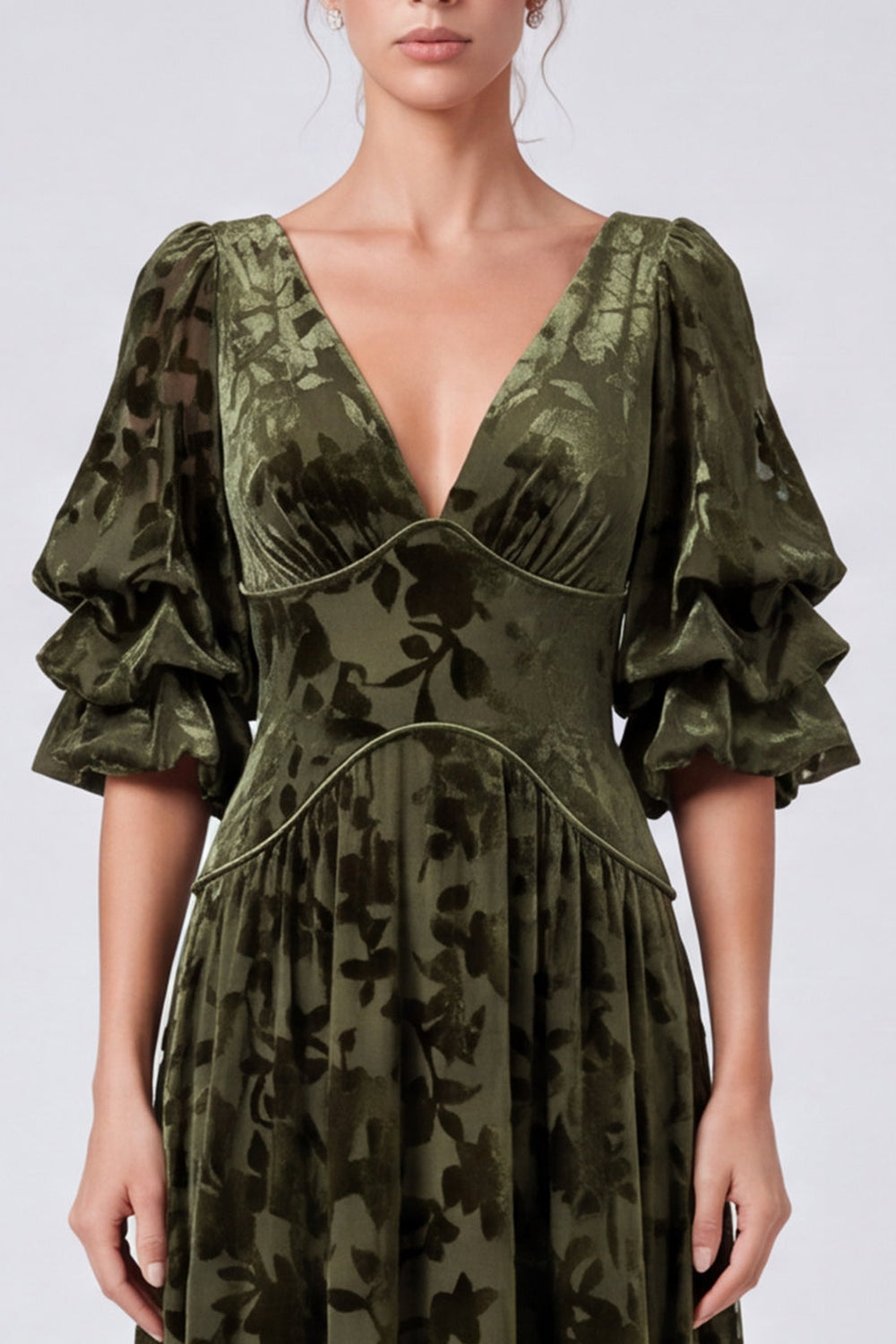 Olive V-Neck Velvet A-Line Floral Long Formal Dress with Half Sleeves