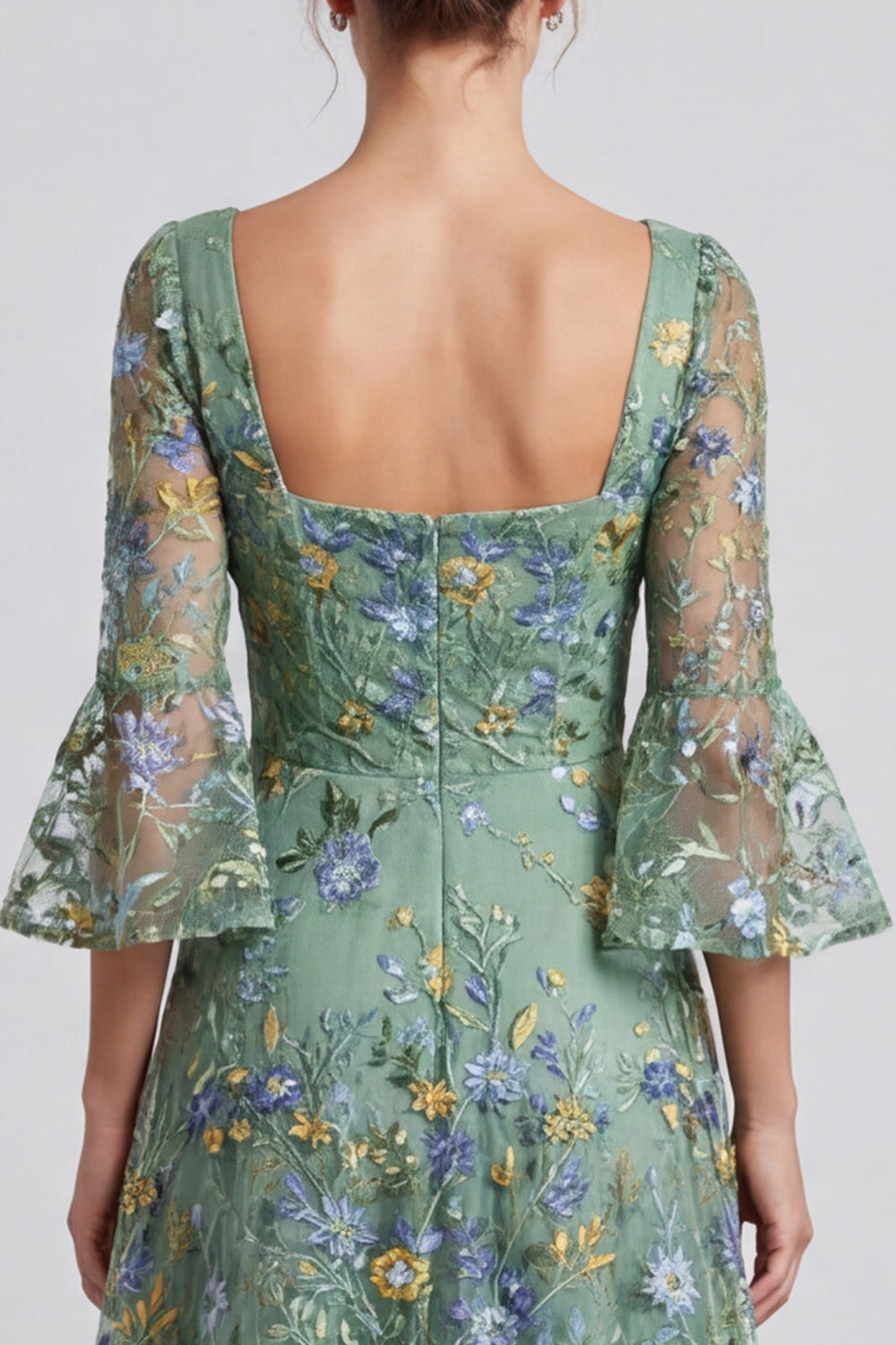 Dusty Sage A-Line Floral Square Neck Midi Formal Dress with Flare Sleeves