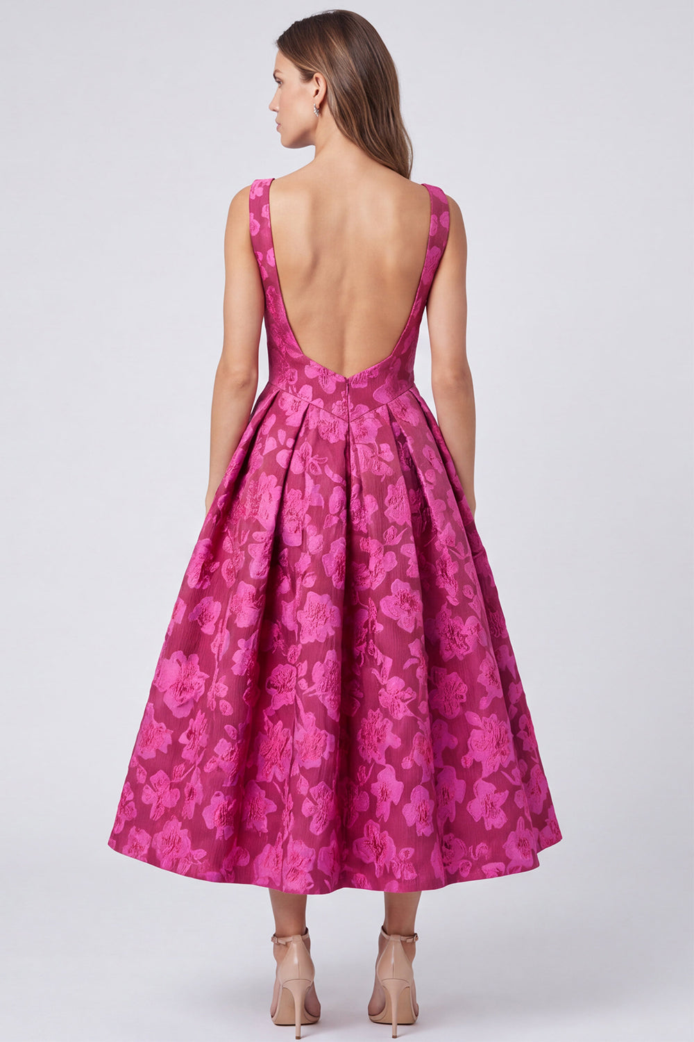 A-Line Fuchsia Bateau Neck Jacquard Backless Floral Midi Dress