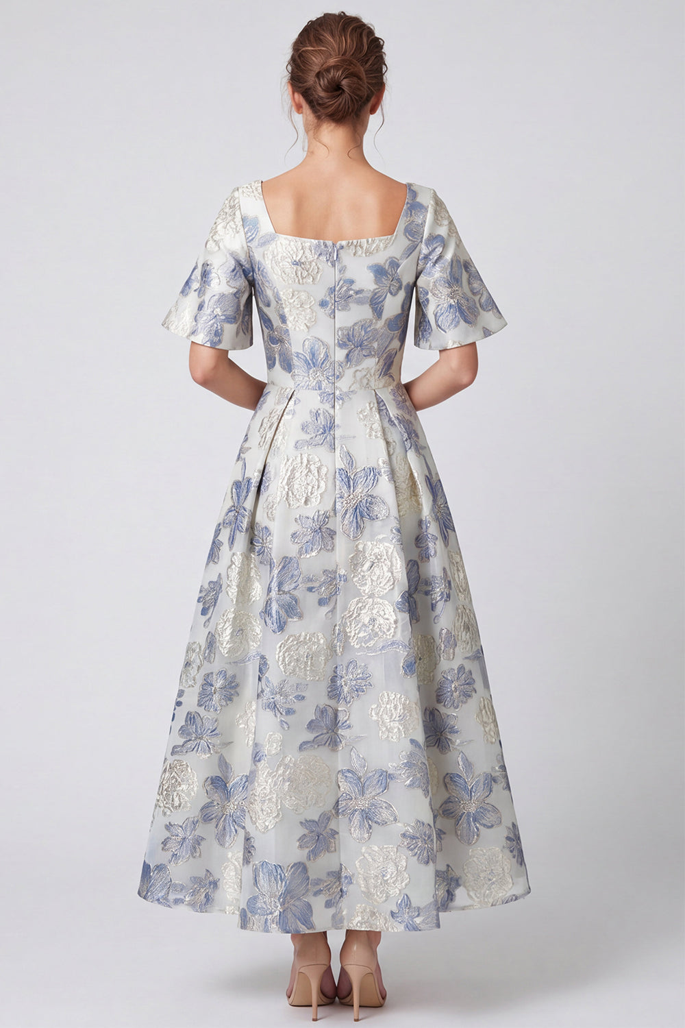 A-Line Dusty Blue Jacquard Square Neck Floral Maxi Dress with Short Sleeves