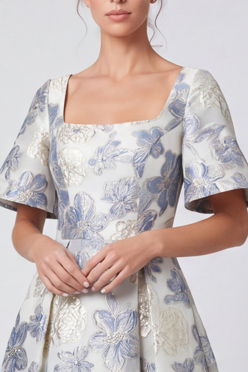 A-Line Dusty Blue Jacquard Square Neck Floral Maxi Dress with Short Sleeves