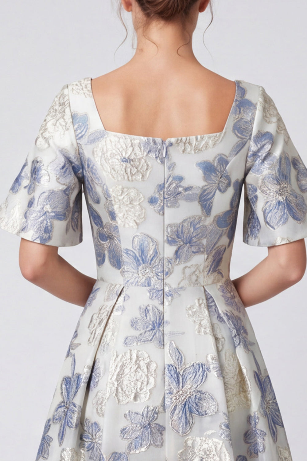 A-Line Dusty Blue Jacquard Square Neck Floral Maxi Dress with Short Sleeves