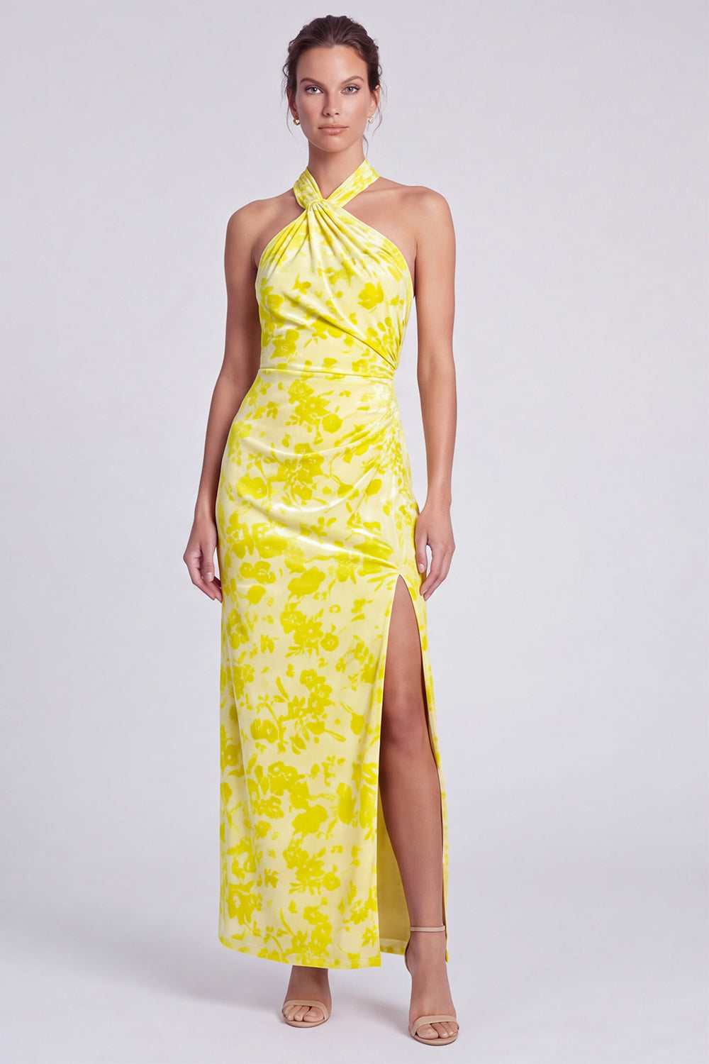 Robe longue rose en velours à col licou avec fente, motif floral, coupe sirène