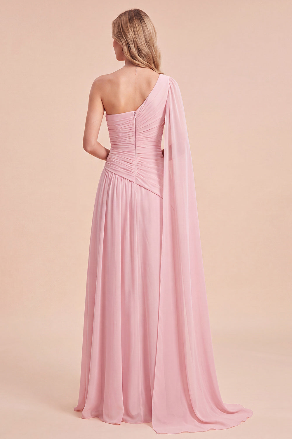 Light Pink One Shoulder Ruched A-Line Chiffon Maxi Dress with Cape