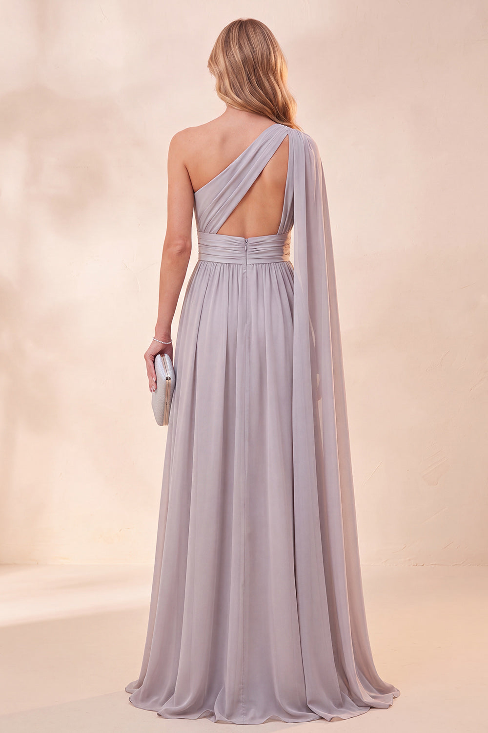 One Shoulder Light Grey A-Line Chiffon Maxi Dress with Slit