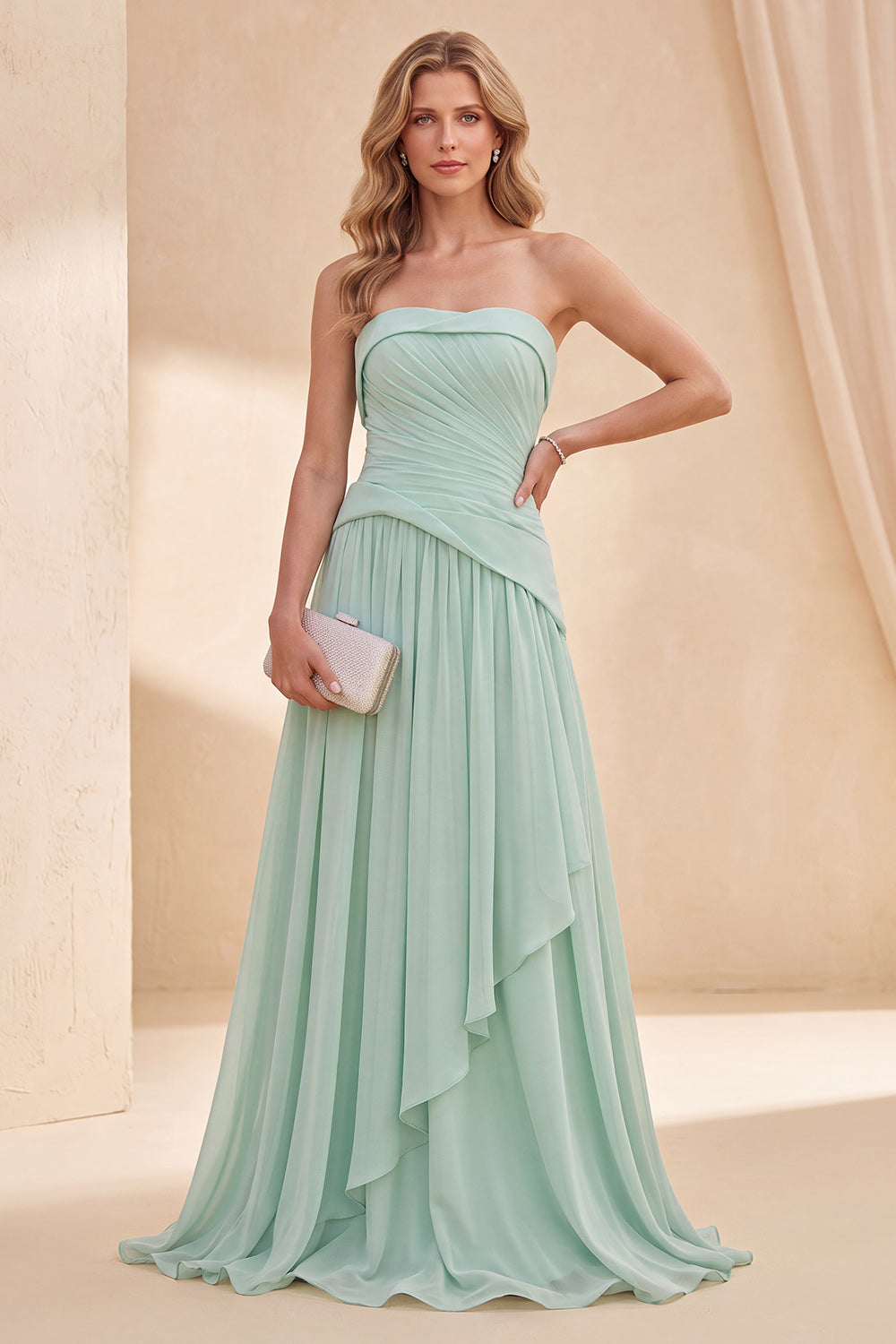 Strapless Mint Green A-Line Chiffon Ruched Maxi Dress