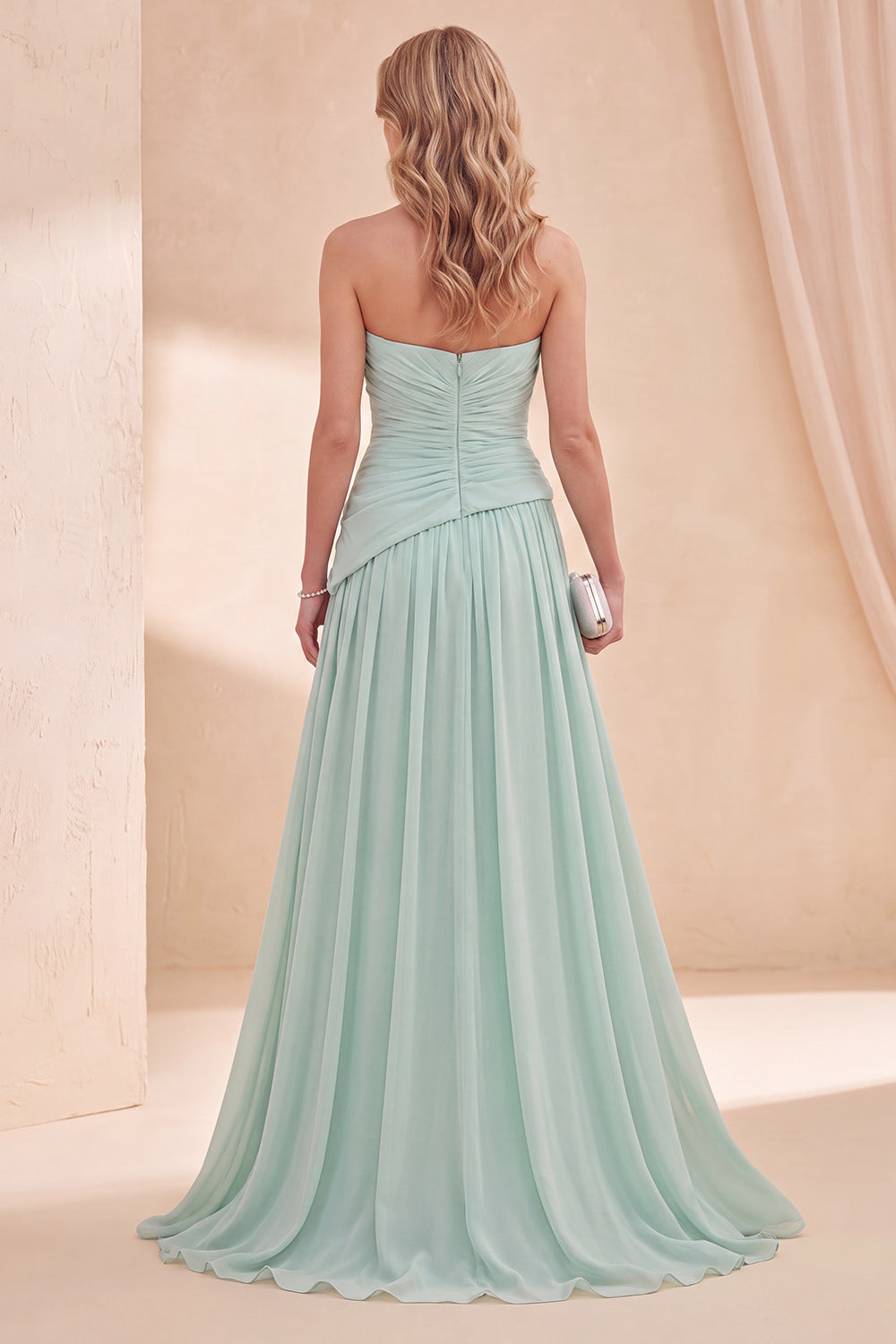 Strapless Mint Green A-Line Chiffon Ruched Maxi Dress