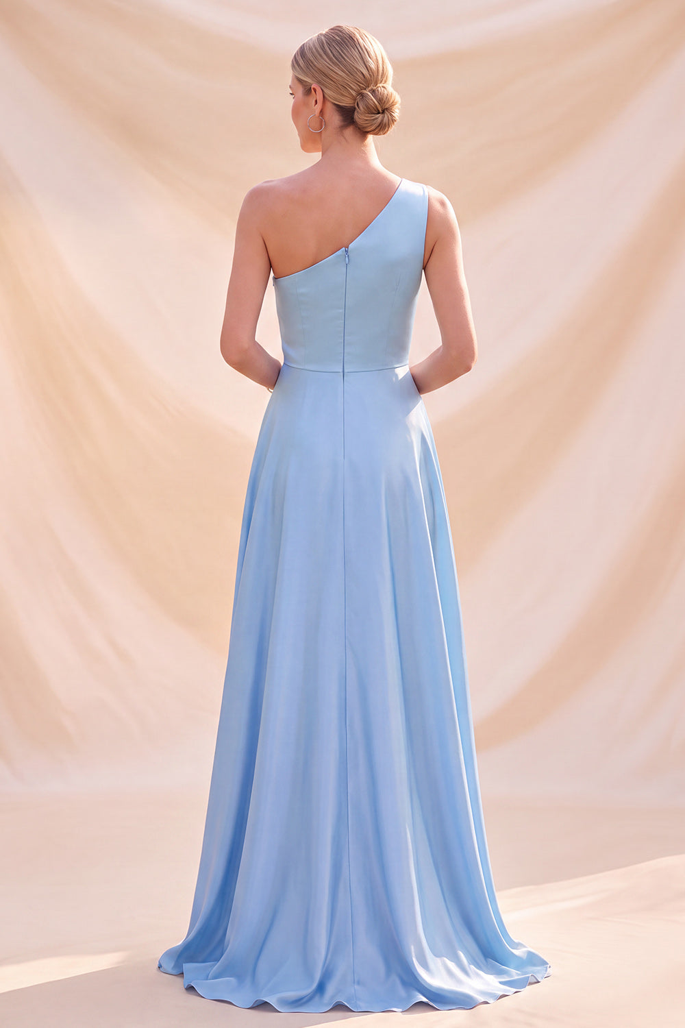 Sky Blue A-Line One Shoulder Satin Maxi Dress
