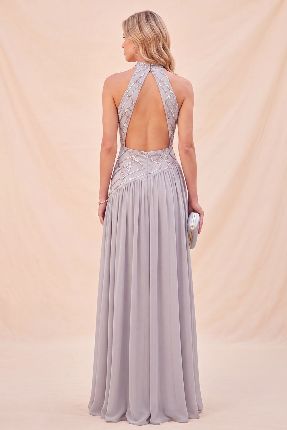Halter Neck Light Grey A-Line Sequins Maxi Dress with Slit