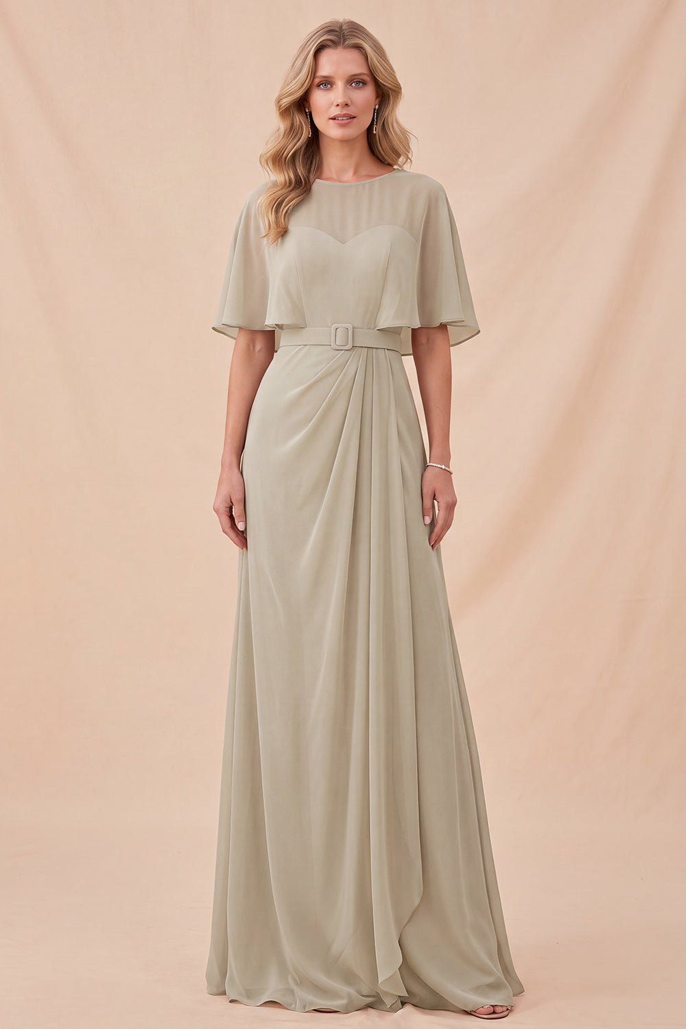 Taupe Chiffon A-Line Round Neck Maxi Dress with Belt