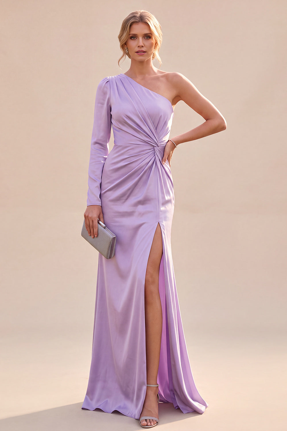 Light Purple One Shoulder Satin Ruched Mermaid Maxi Dress with Slit