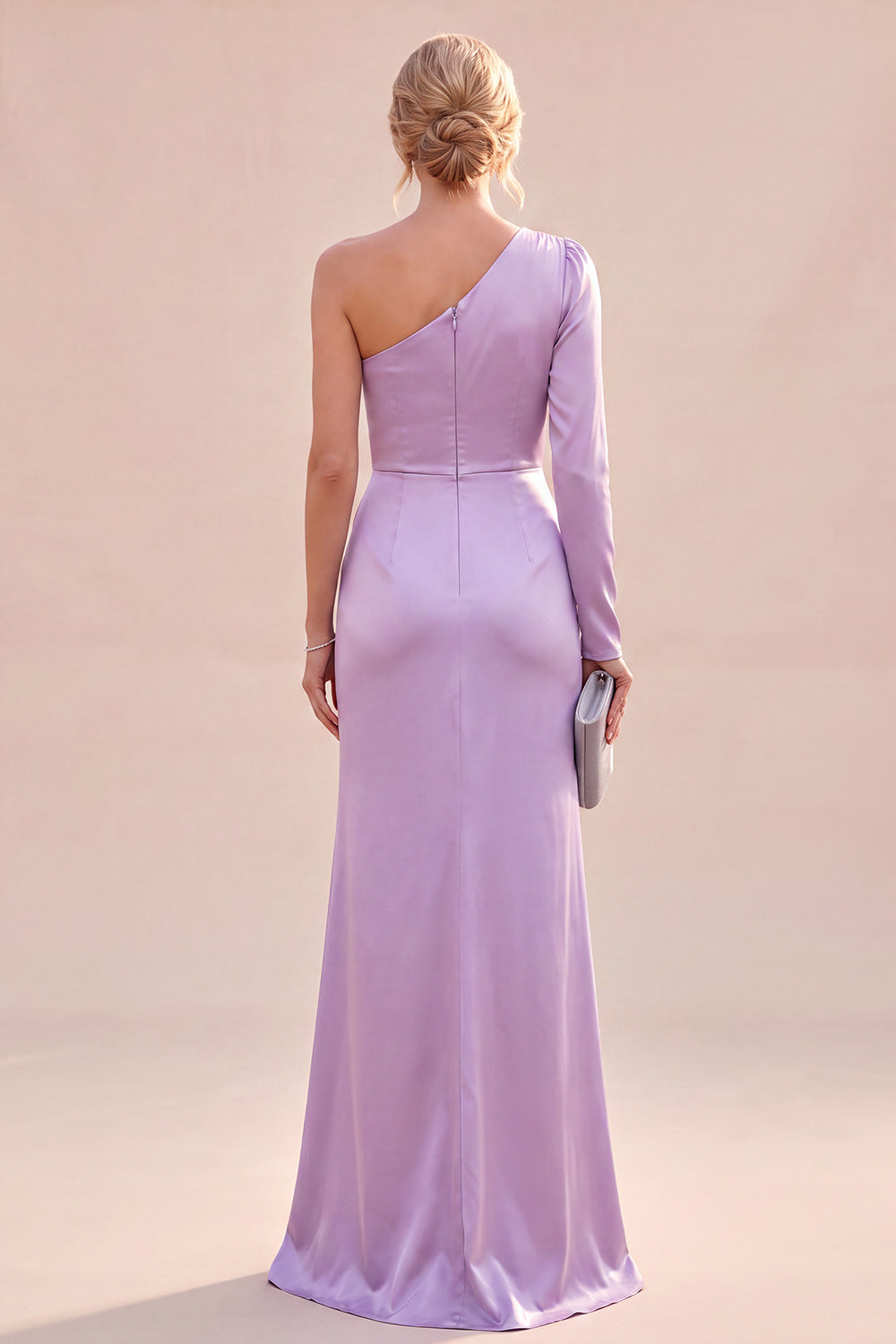 Light Purple One Shoulder Satin Ruched Mermaid Maxi Dress with Slit