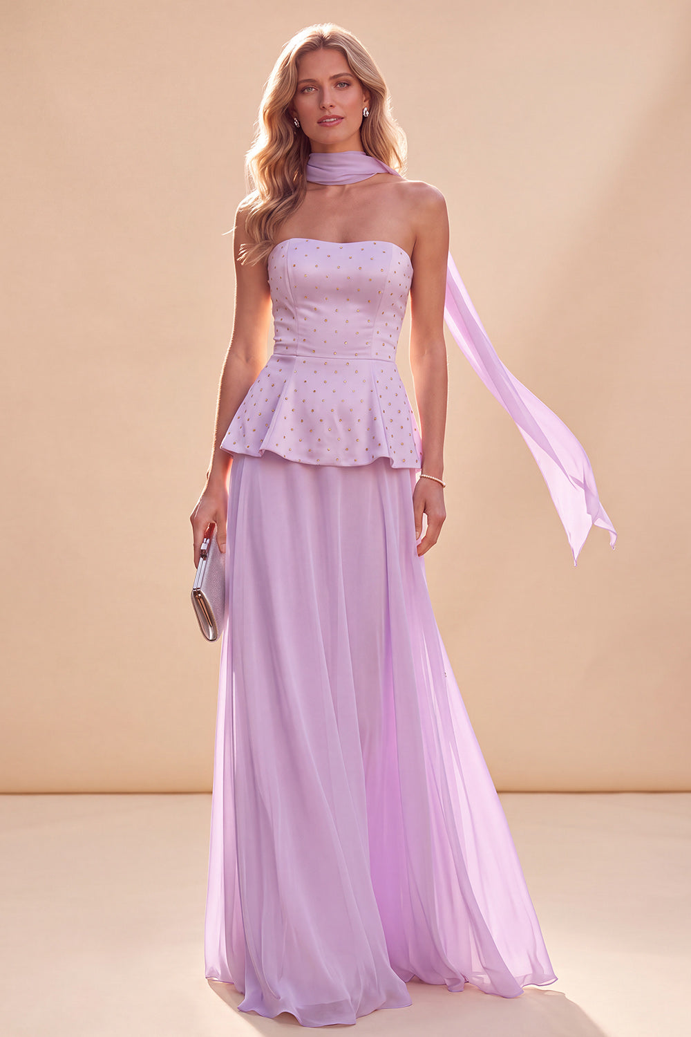 Light Purple Strapless A-Line Ruffled Chiffon Maxi Dress with Beading