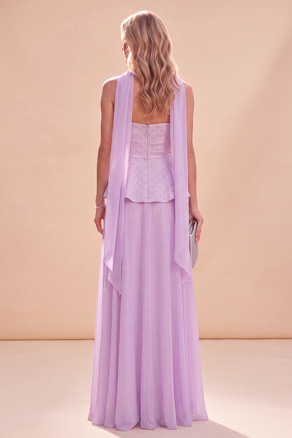 Light Purple Strapless A-Line Ruffled Chiffon Maxi Dress with Beading
