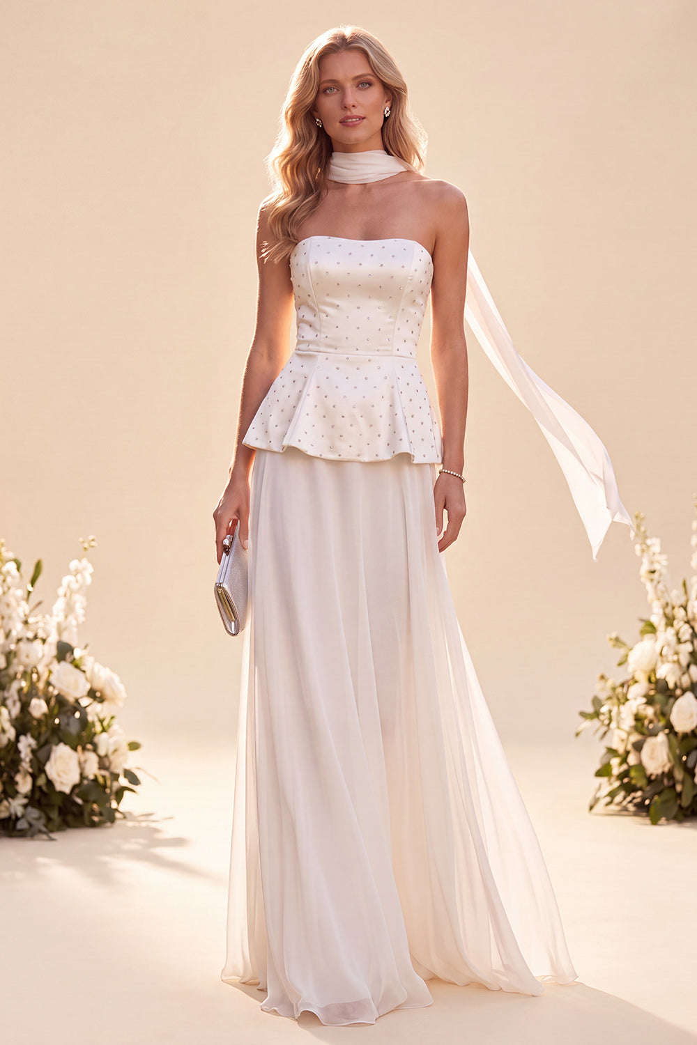 Light Purple Strapless A-Line Ruffled Chiffon Maxi Dress with Beading