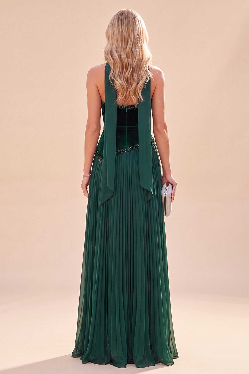 Halter Neck Dark Green A-Line Pleated Maxi Dress