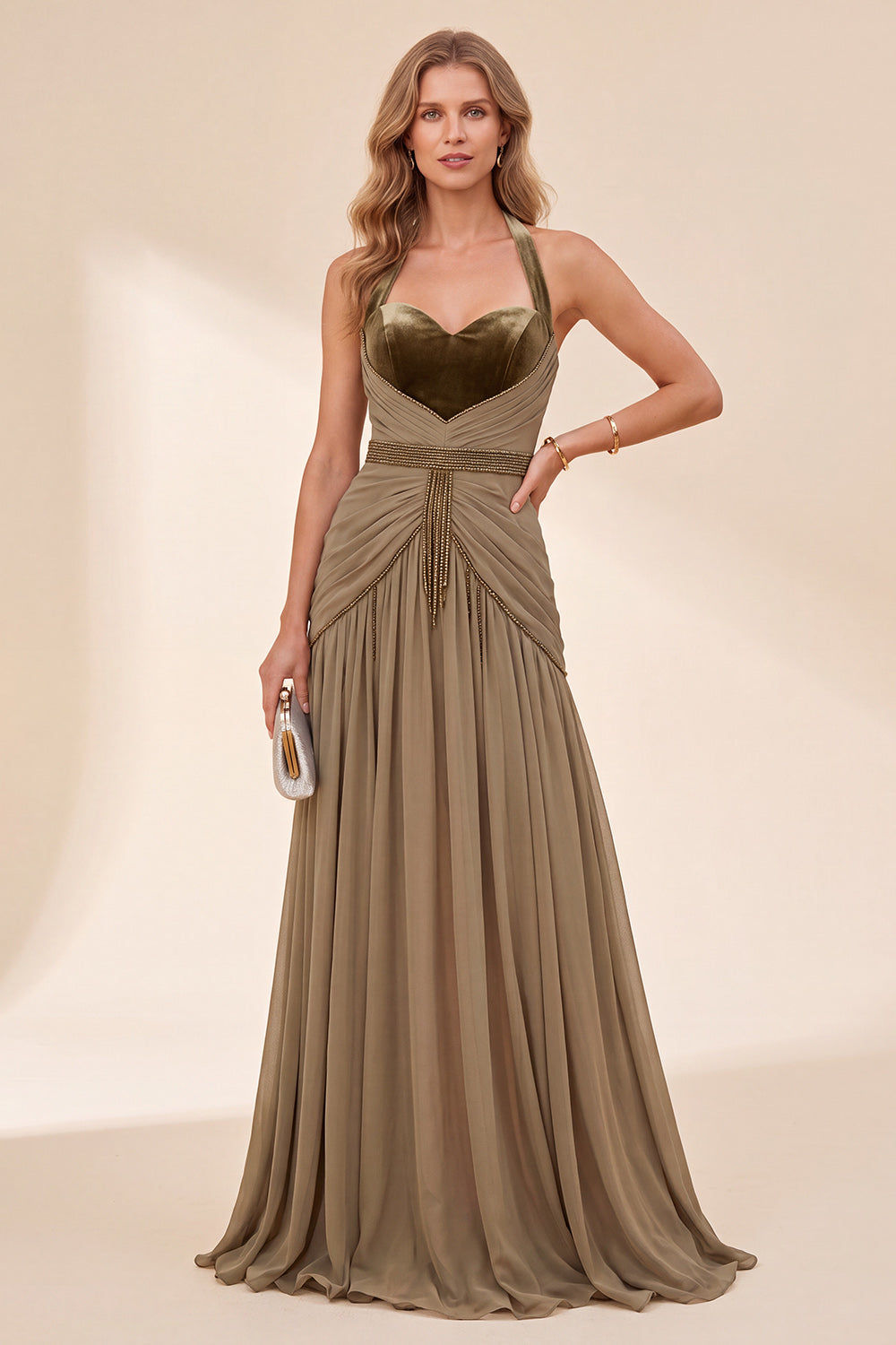 Khaki Halter Neck A-Line Maxi Dress with Beading