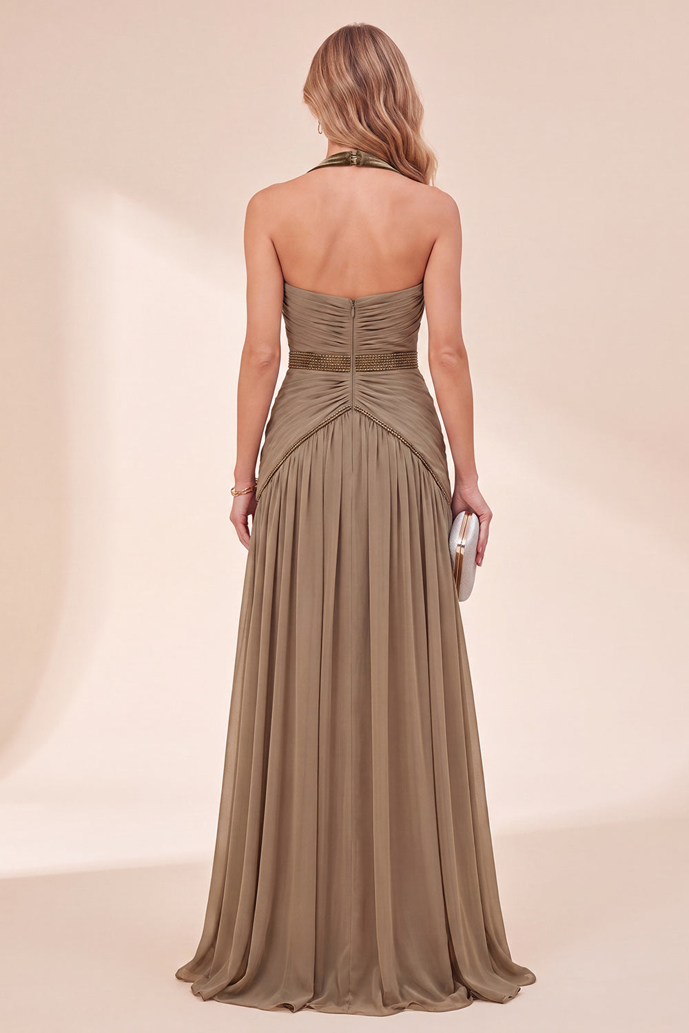 Khaki Halter Neck A-Line Maxi Dress with Beading