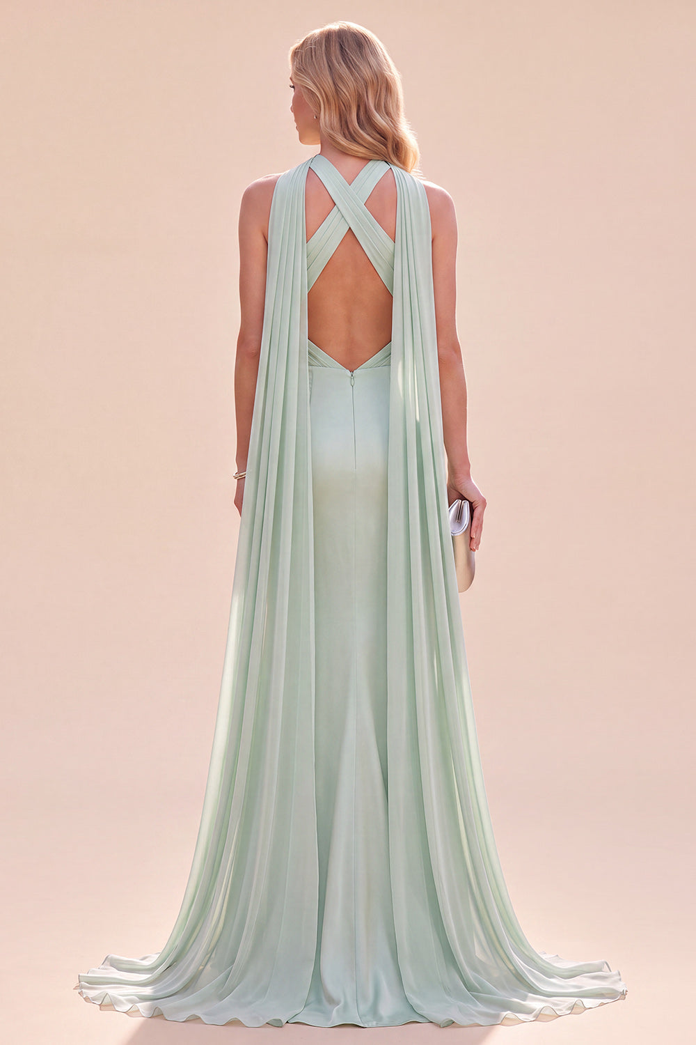 Mermaid Mint Green Satin Halter Neck Maxi Dress with Scarf