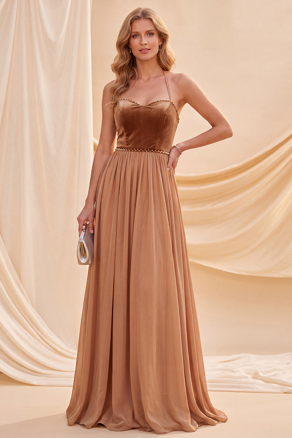 Khaki Beaded Halter Neck A-Line Maxi Dress
