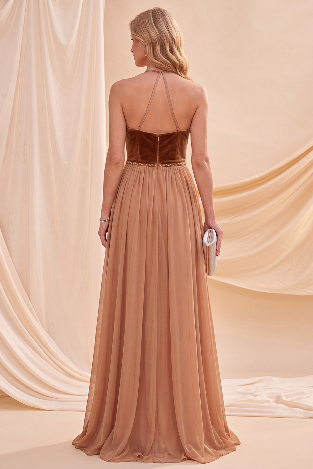 Khaki Beaded Halter Neck A-Line Maxi Dress