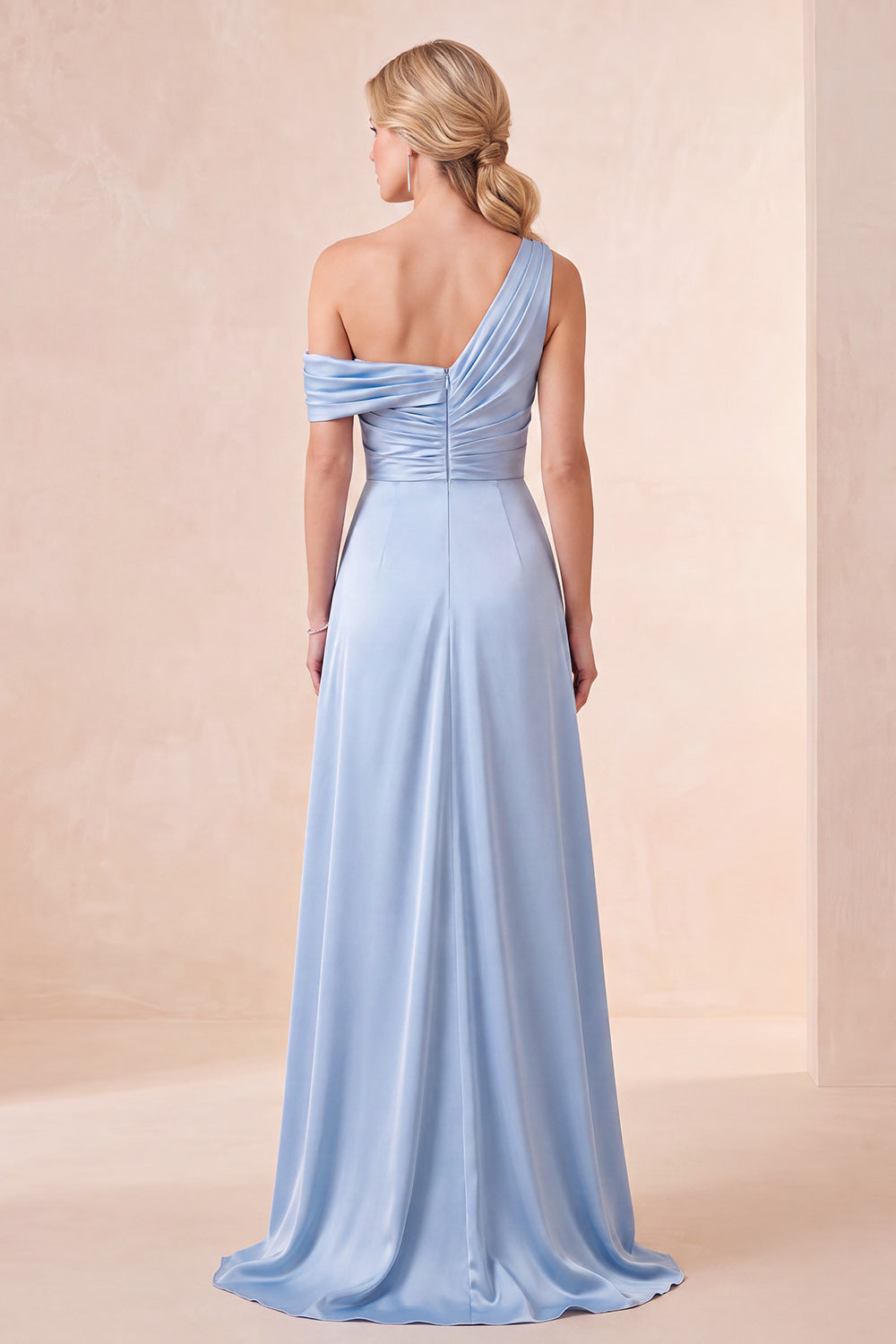 Sky Blue One Shoulder A-Line Satin Ruched Maxi Dress