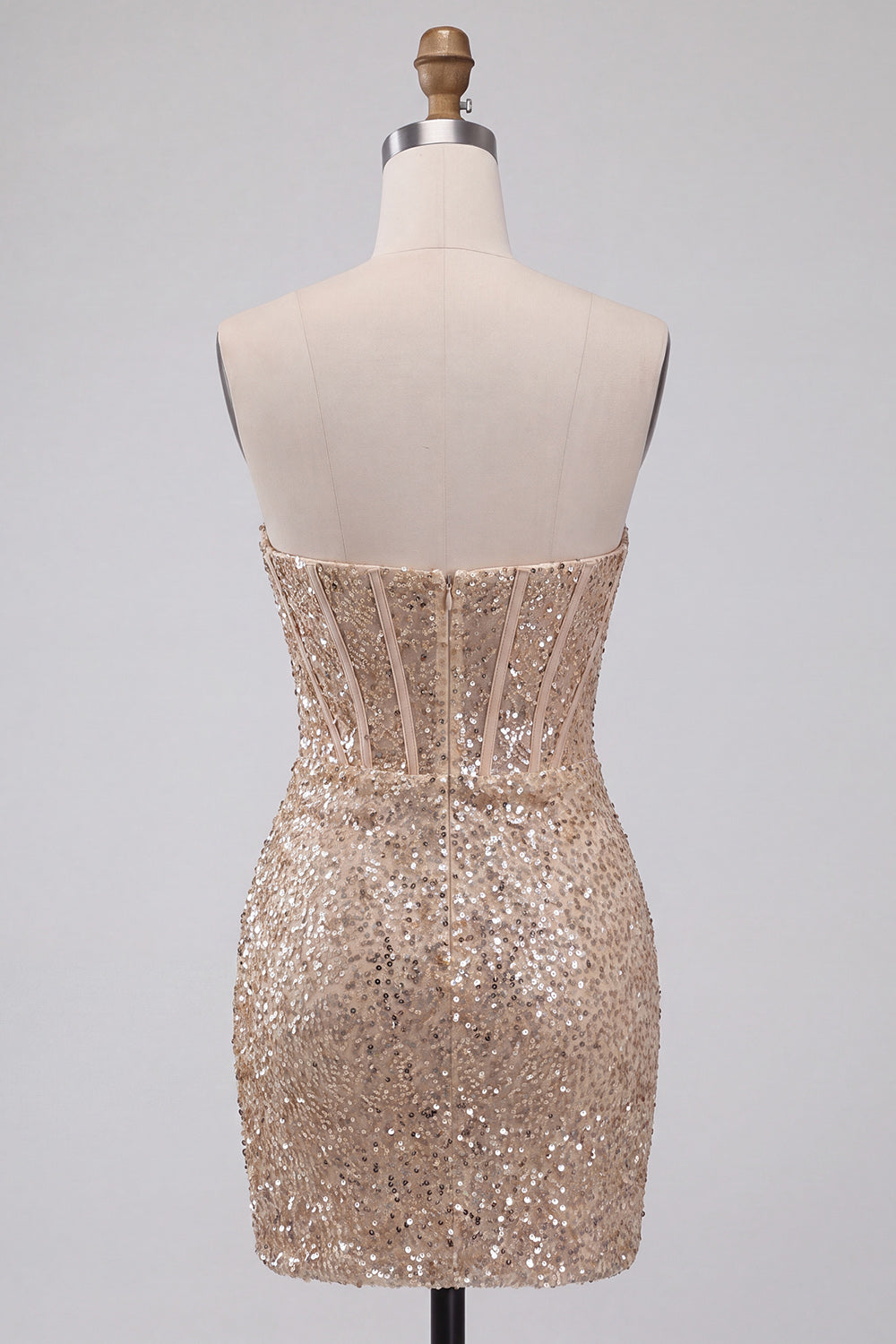 Sparkly Champagne Strapless Bodycon Sequins Corset Short Homecoming Dress with Sash