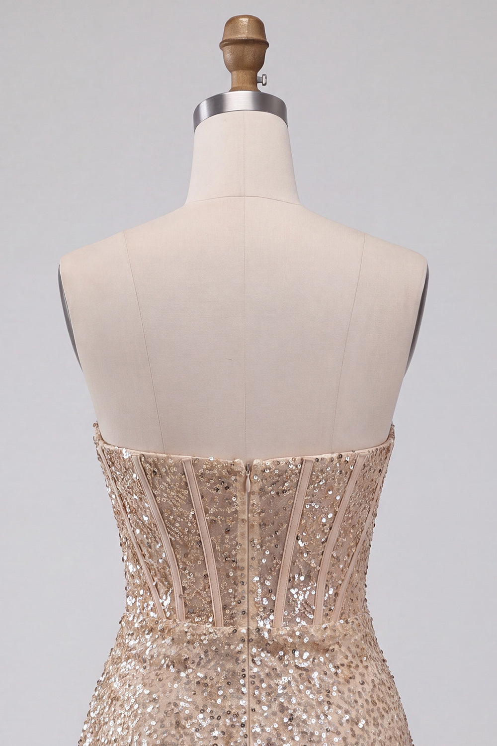 Sparkly Champagne Strapless Bodycon Sequins Corset Short Homecoming Dress with Sash