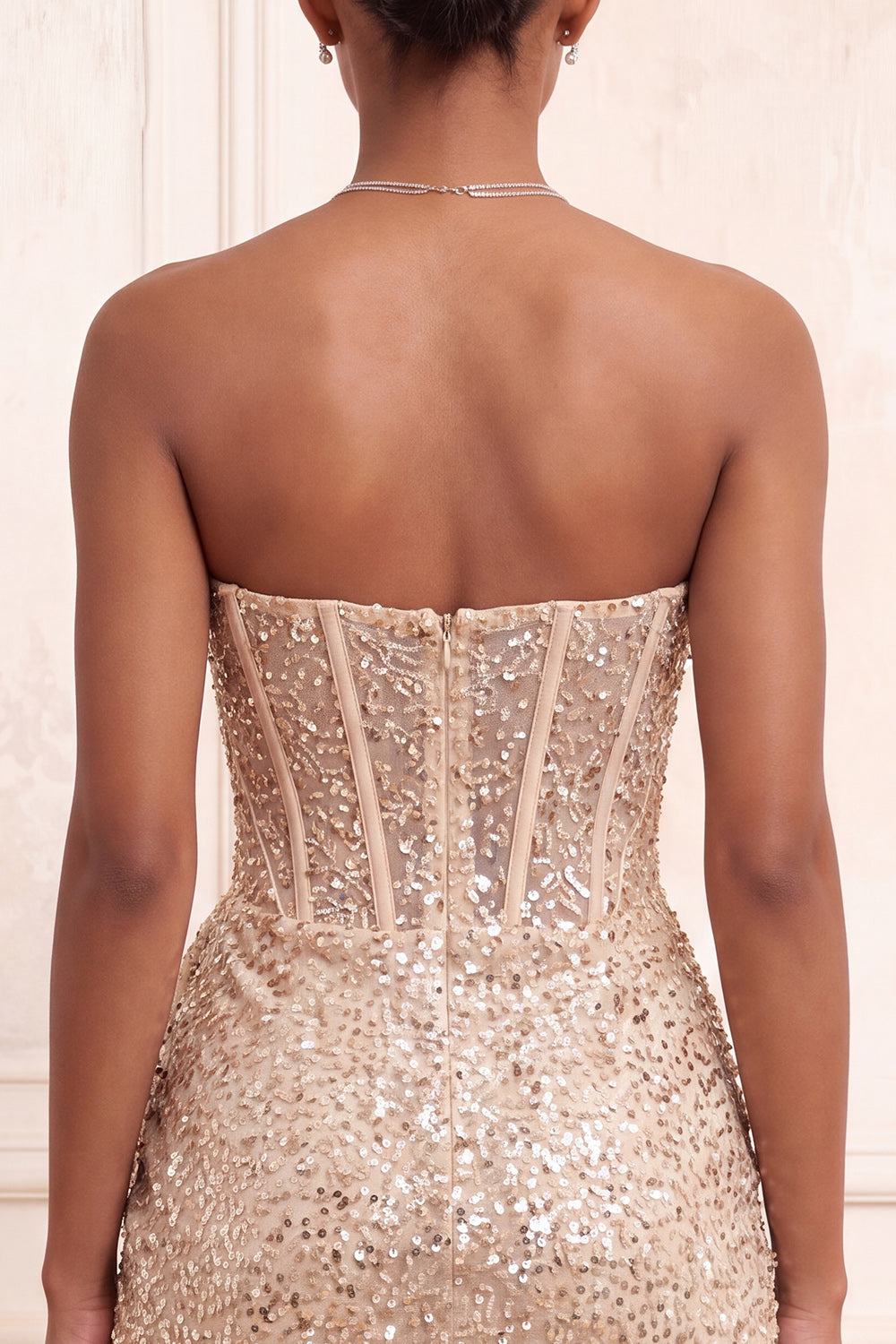 Sparkly Champagne Strapless Bodycon Sequins Corset Short Homecoming Dress with Sash