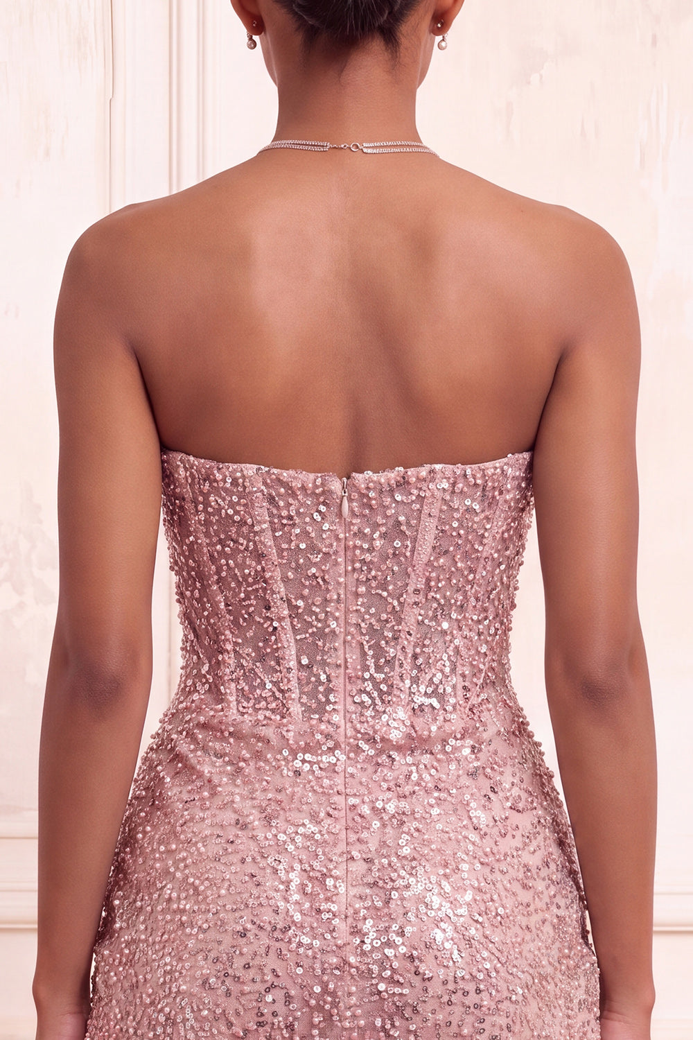 Sparkly Champagne Strapless Bodycon Sequins Corset Short Homecoming Dress with Sash