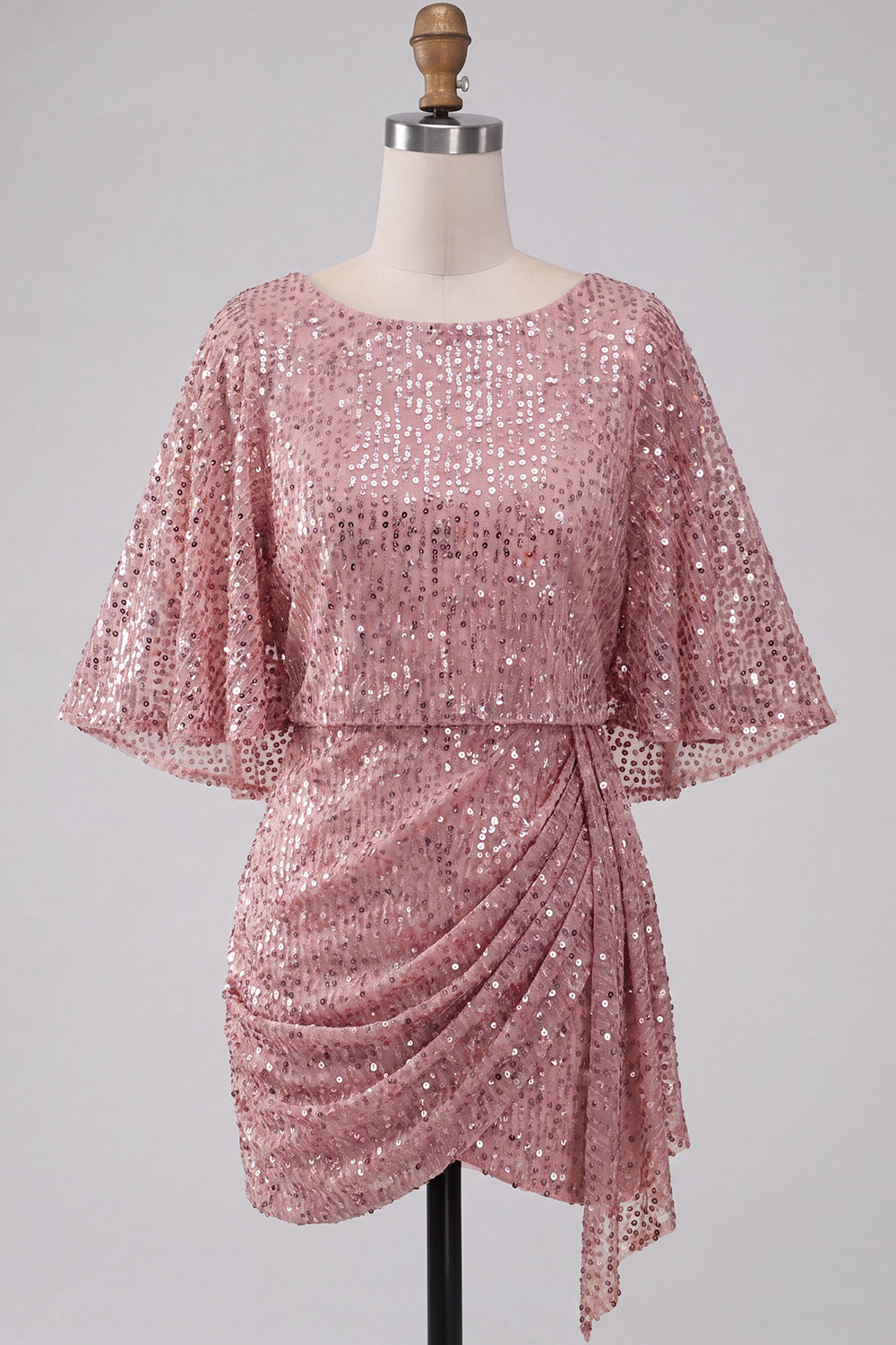 Sparkly Pink Bodycon Round Neck Sequins Ruched Short Homecoming Dress with Sash
