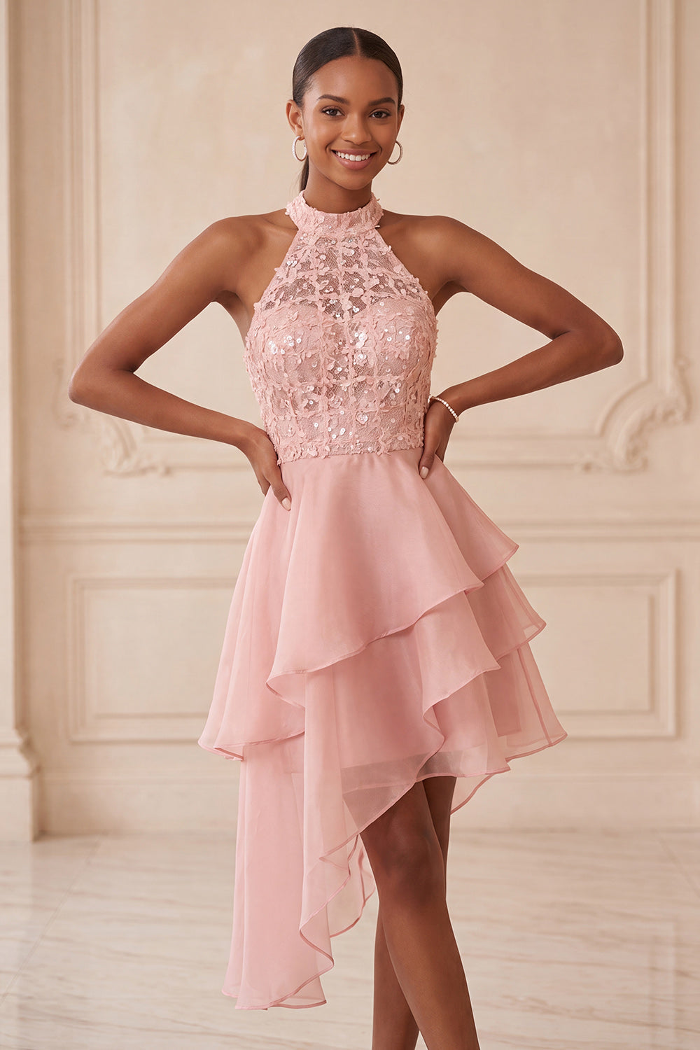 Halter Sky Blue Tiered A-Line Asymmetrical Short Homecoming Dress with Sequins