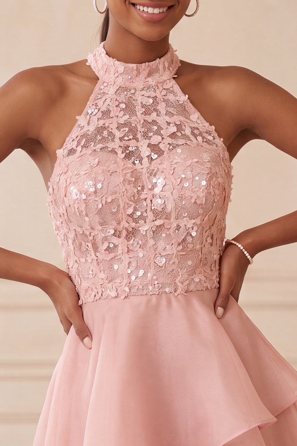 Halter Sky Blue Tiered A-Line Asymmetrical Short Homecoming Dress with Sequins