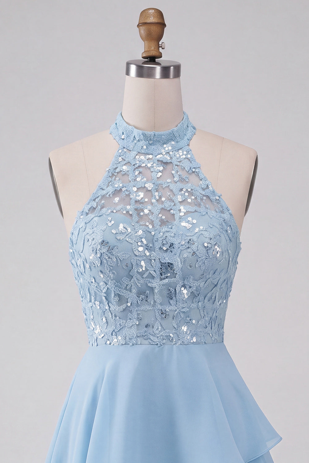 Halter Sky Blue Tiered A-Line Asymmetrical Short Homecoming Dress with Sequins