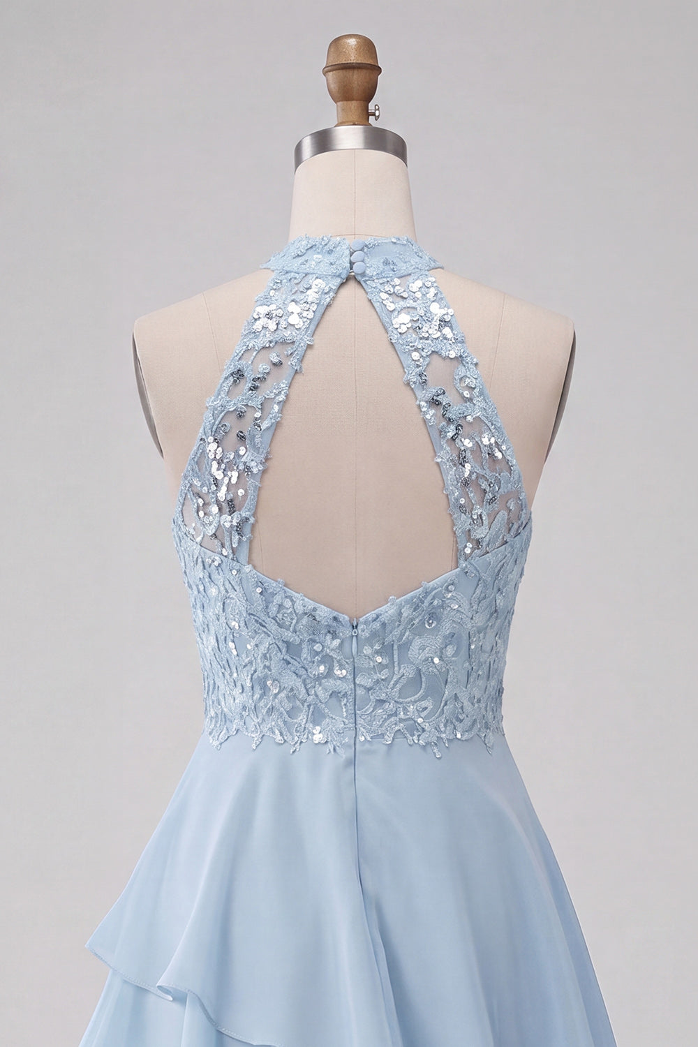 Halter Sky Blue Tiered A-Line Asymmetrical Short Homecoming Dress with Sequins