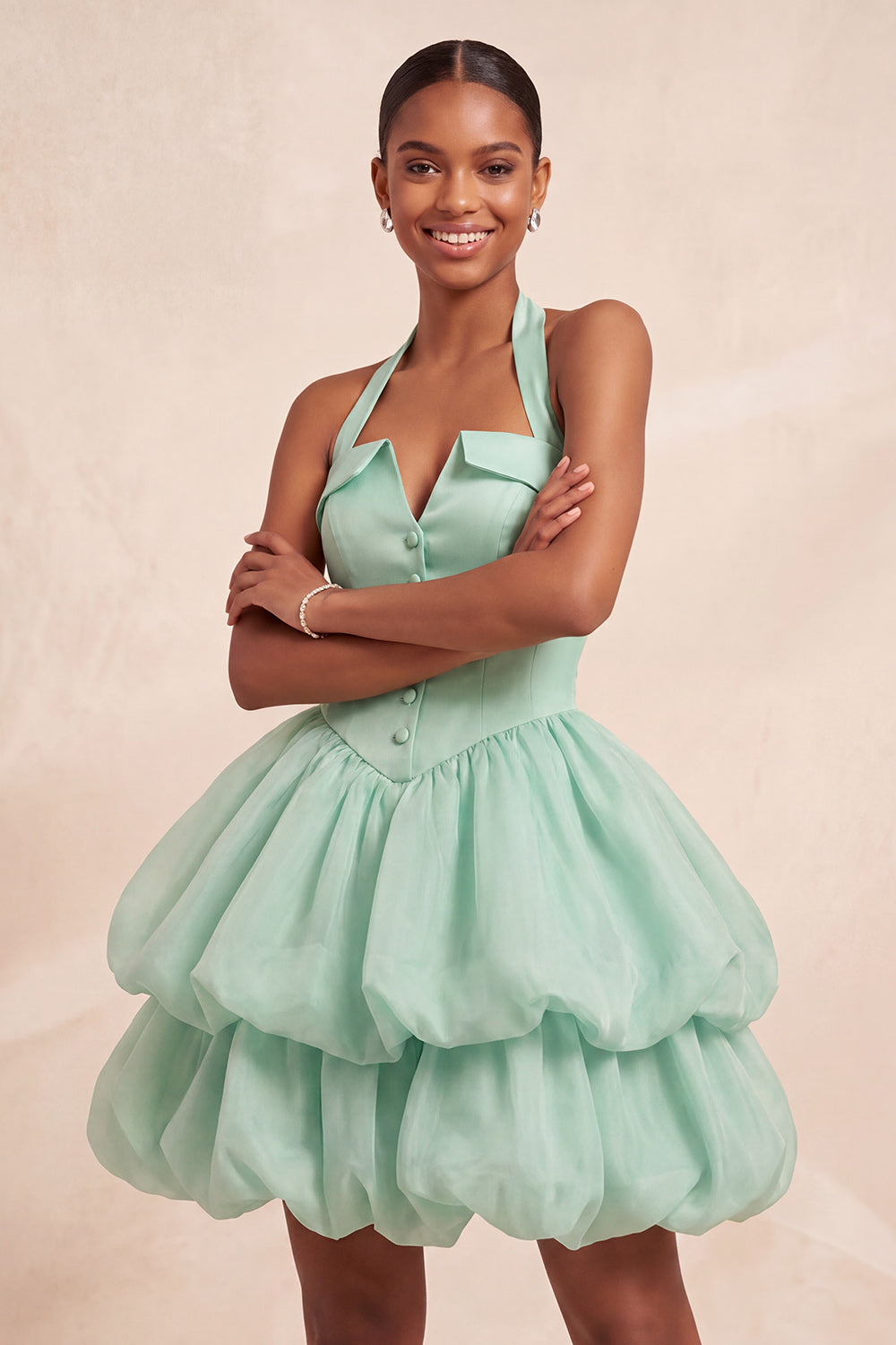 Pink Halter Neck Ruffled A-Line Short Homecoming Dress