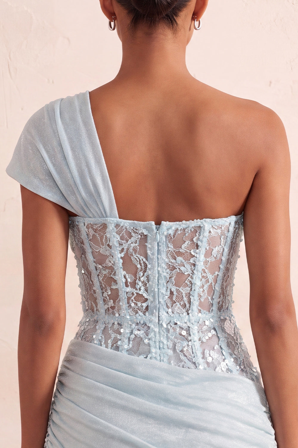 One Shoulder Olive Sheer Corset Ruched Short Homecoming Dress with Lace Up Back