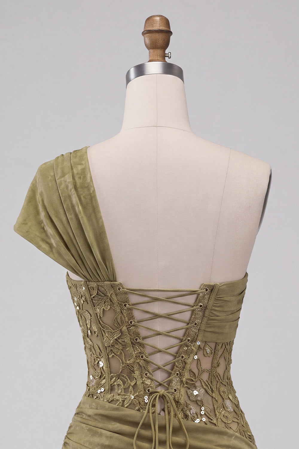 One Shoulder Olive Sheer Corset Ruched Short Homecoming Dress with Lace Up Back