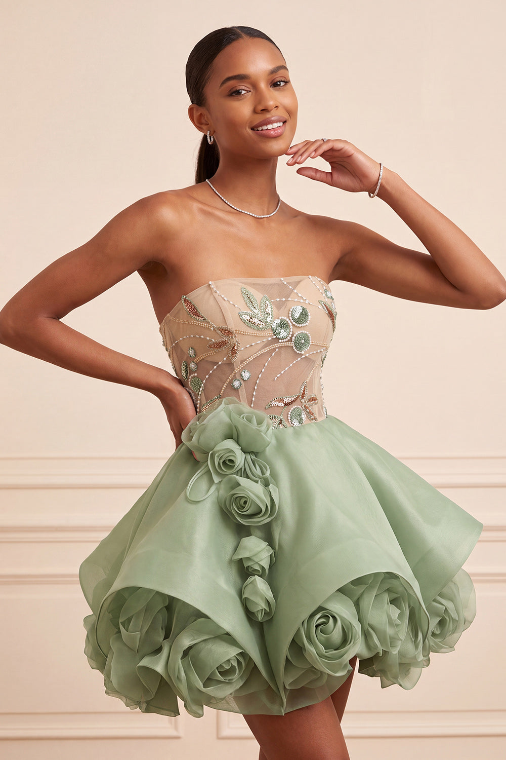 Dusty Sage Strapless A-Line Corset Lace Up Back Sequins Short Homecoming Dress with 3D Flowers