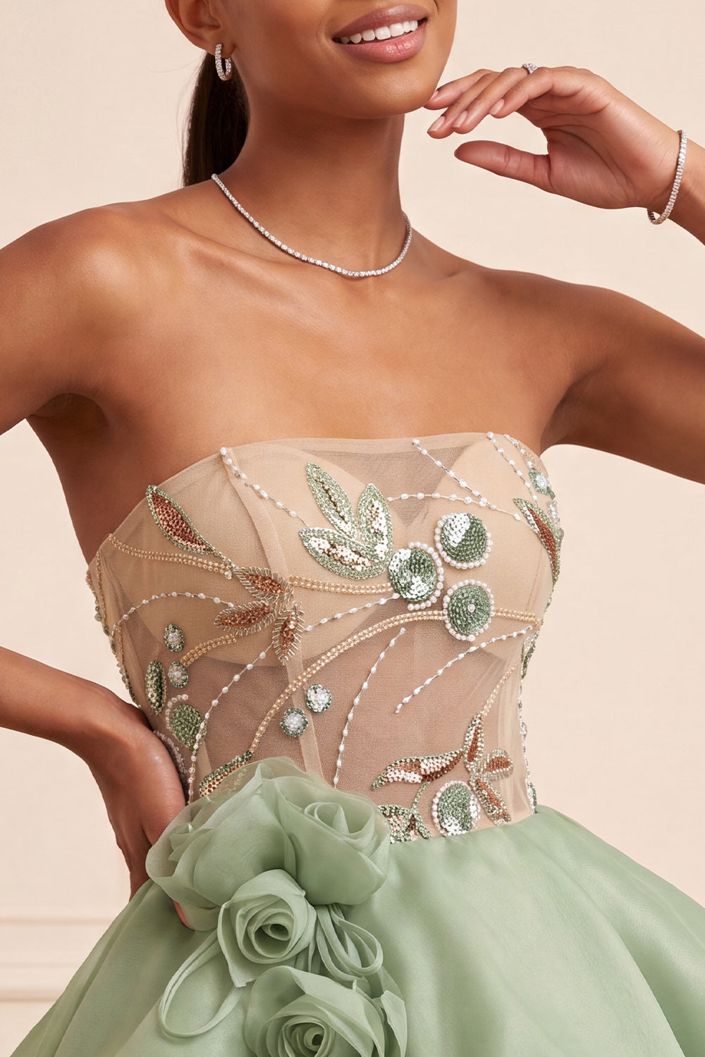 Dusty Sage Strapless A-Line Corset Lace Up Back Sequins Short Homecoming Dress with 3D Flowers