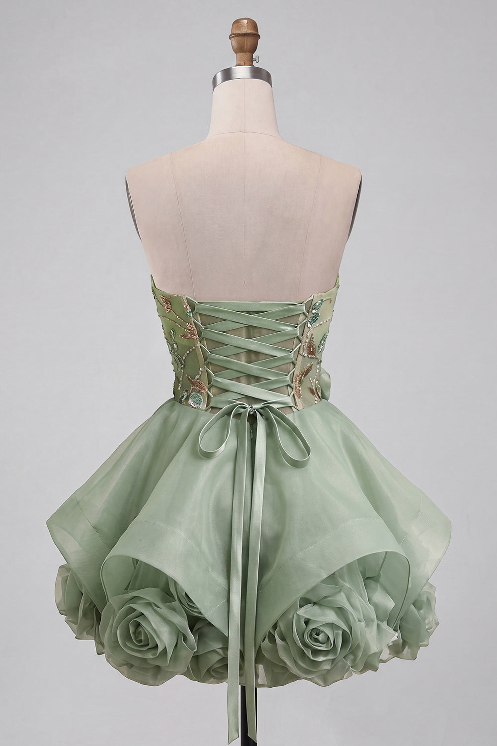 Dusty Sage Strapless A-Line Corset Lace Up Back Sequins Short Homecoming Dress with 3D Flowers